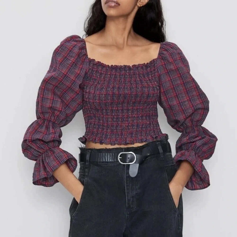 ZARA Plaid Cropped Long Sleeve Blouse Top - Picture 1 of 6